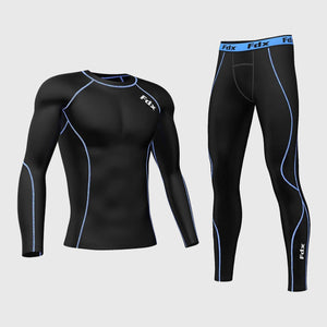 Fdx Mens Black & Blue Long Sleeve Compression Top & Compression Tights Base Layer Gym Training Jogging Yoga Fitness Body Wear - Blitz