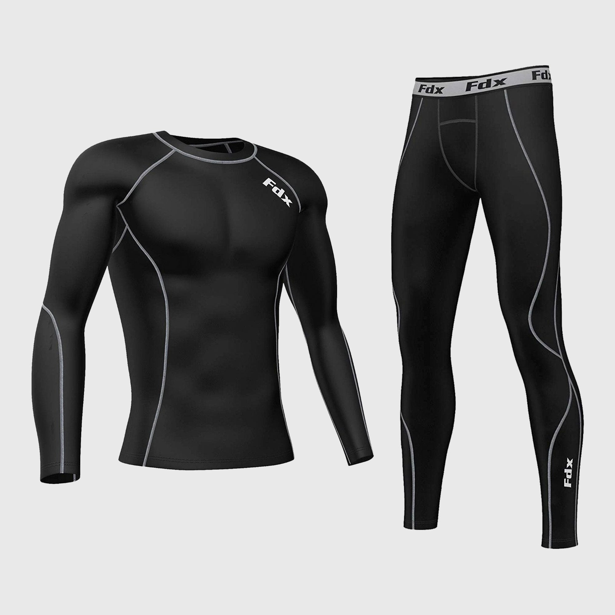 Fdx Mens Black & Grey Long Sleeve Compression Top & Compression Tights Base Layer Gym Training Jogging Yoga Fitness Body Wear - Blitz