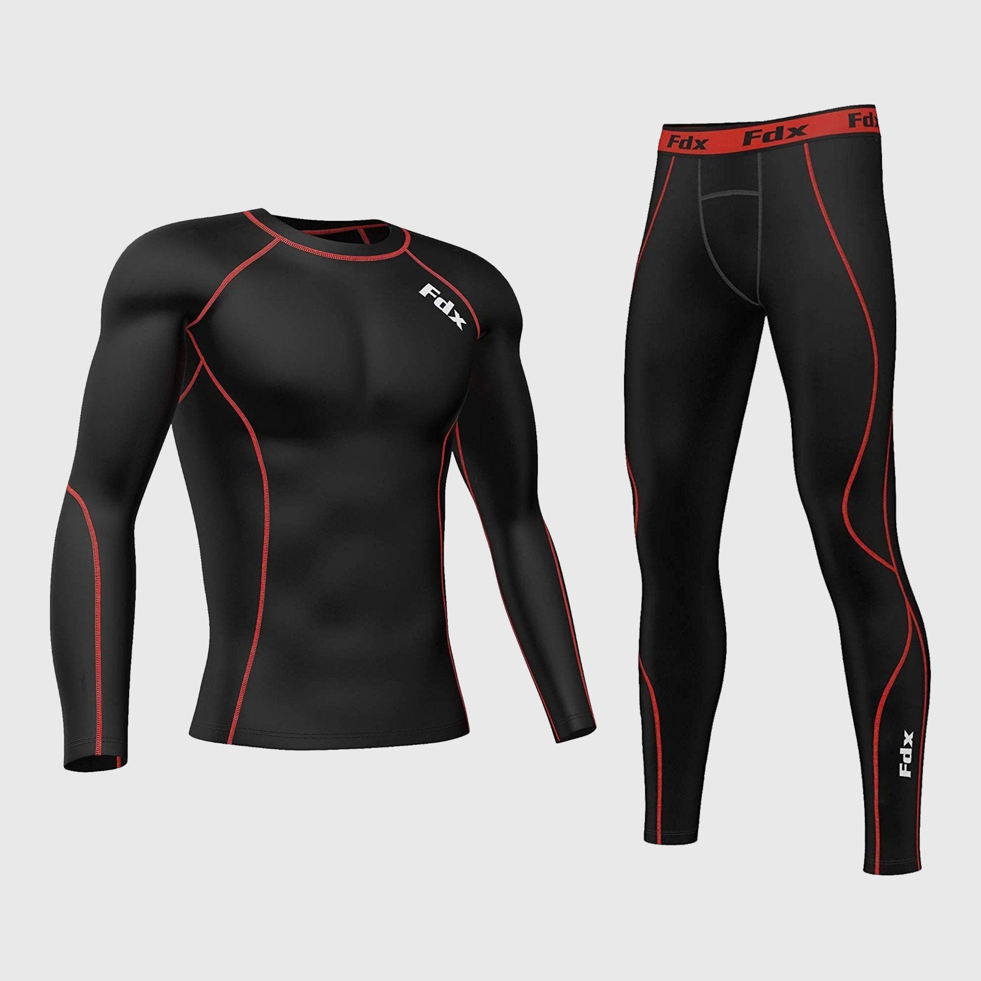 Fdx Mens Black & Red Long Sleeve Compression Top & Compression Tights Base Layer Gym Training Jogging Yoga Fitness Body Wear - Blitz