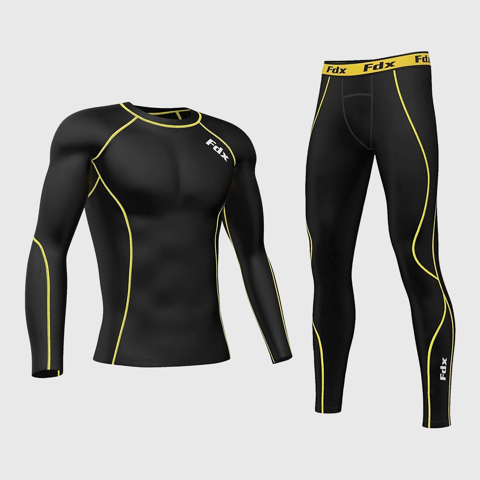 Fdx Mens Black & Yellow Long Sleeve Compression Top & Compression Tights Base Layer Gym Training Jogging Yoga Fitness Body Wear - Blitz