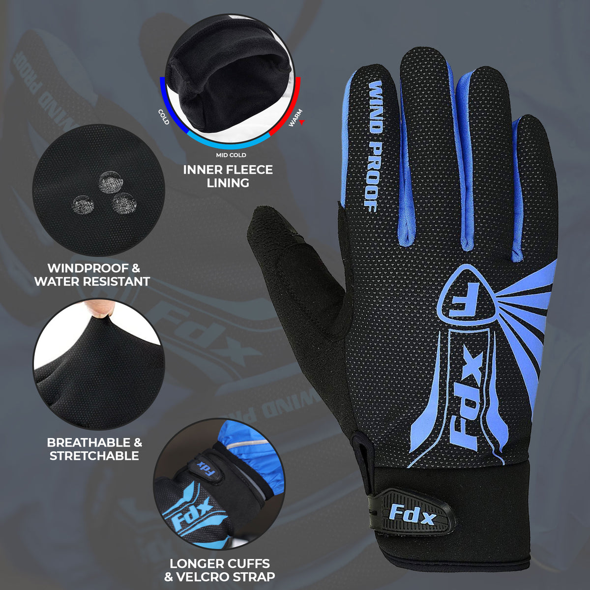 FDX Unisex Black & Blue Full Finger Winter Cycling Gloves - warm windproof anti-slip MTB padded unisex gloves, waterproof touch compatible women racing mitts