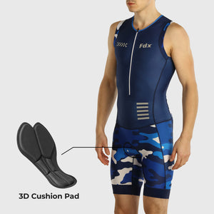 Fdx Men's Blue Sleeveless 3D Gel Padded Triathlon / Skin Suit for Summer Cycling Wear, Running & Swimming Half Zip - Camouflage
