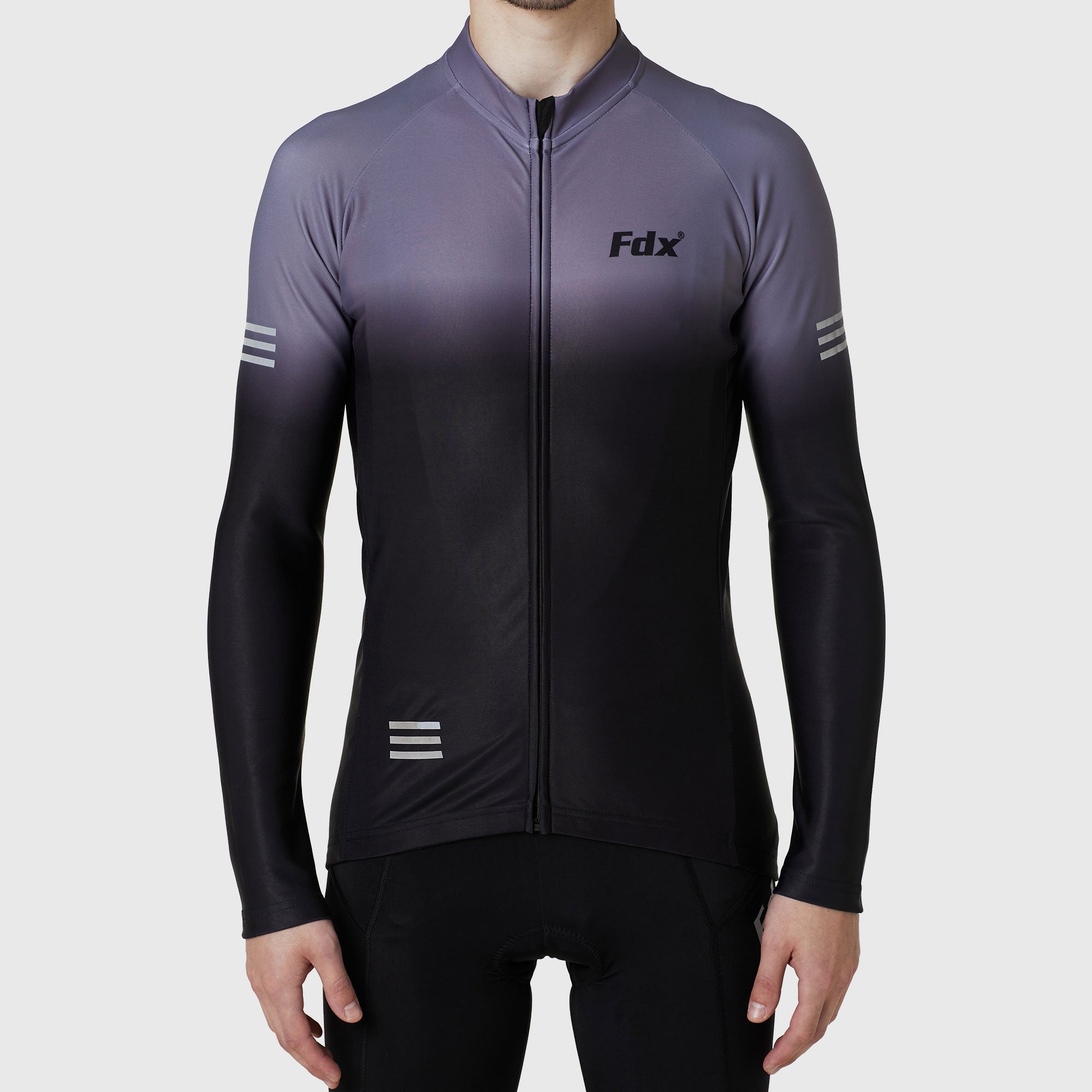 Fdx Mens Grey Long Sleeve Cycling Jersey for Winter Roubaix Thermal Fleece Road Bike Wear Top Full Zipper, Pockets & Hi-viz Reflectors - Duo