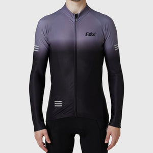 Fdx Mens Grey & Black Full Sleeve Cycling Jersey for Winter Roubaix Thermal Fleece Road Bike Wear Top Full Zipper, Pockets & Hi-viz Reflectors - Duo