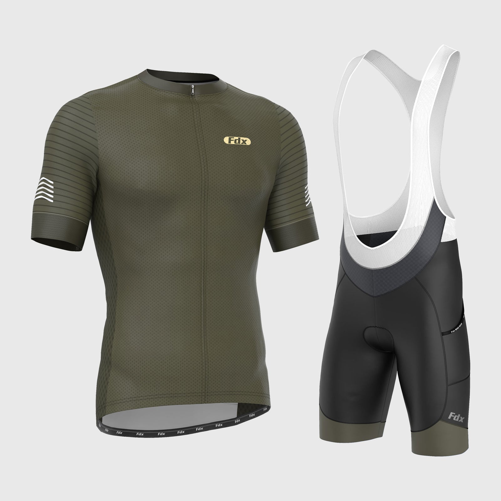 Fdx Mens Green Short Sleeve Cycling Jersey & Gel Padded Bib Shorts Best Summer Road Bike Wear Light Weight, Hi-viz Reflectors & Pockets - Essential