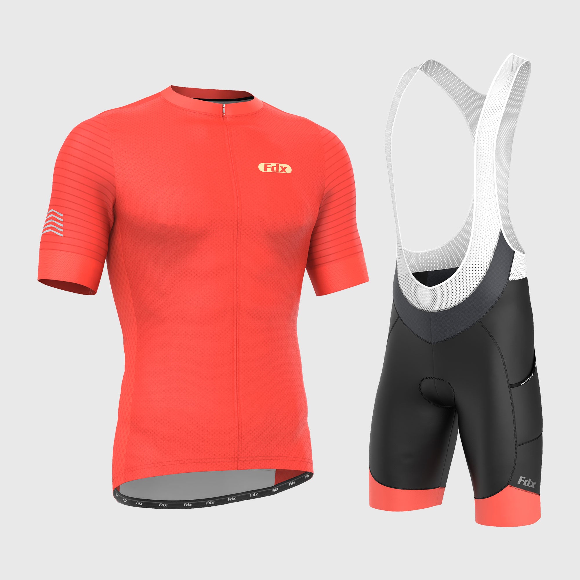 Fdx Mens Orange Short Sleeve Cycling Jersey & Gel Padded Bib Shorts Best Summer Road Bike Wear Light Weight, Hi-viz Reflectors & Pockets - Essential