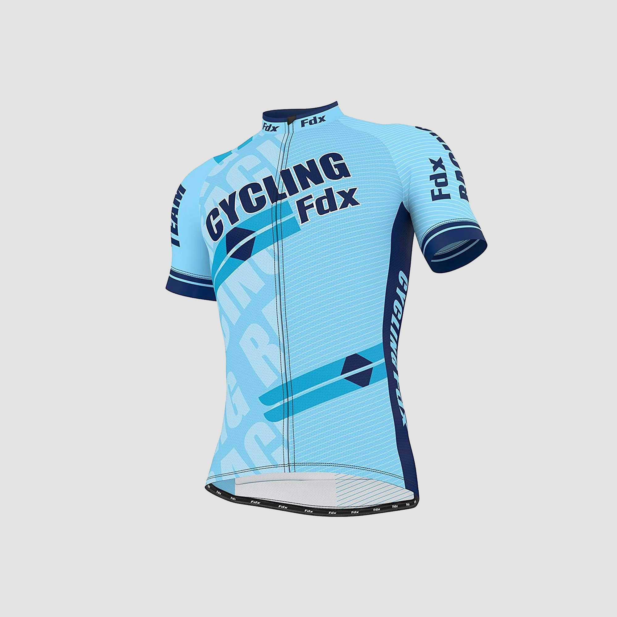 Fdx Mens Sky Blue Short Sleeve Cycling Jersey for Summer Best Road Bike Wear Top Light Weight, Full Zipper, Pockets & Hi-viz Reflectors - Core