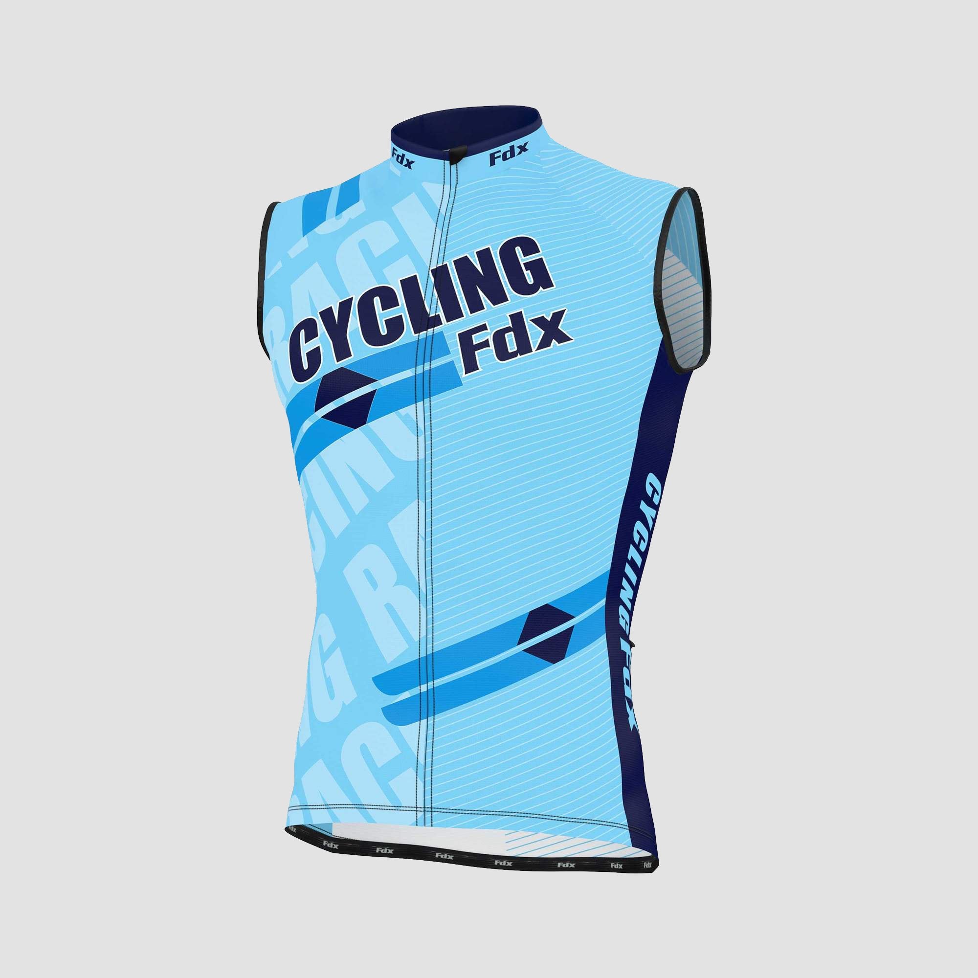 Fdx Mens Sky Blue Sleeveless Cycling Jersey for Summer Best Road Bike Wear Top Light Weight, Full Zipper, Pockets & Hi-viz Reflectors - Core