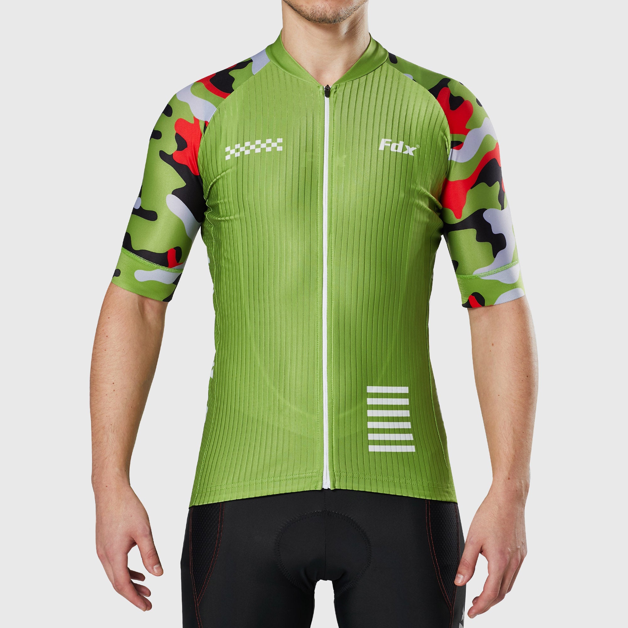 Fdx Mens Green Short Sleeve Cycling Jersey for Summer Best Road Bike Wear Top Light Weight, Full Zipper, Pockets & Hi-viz Reflectors - Camouflage