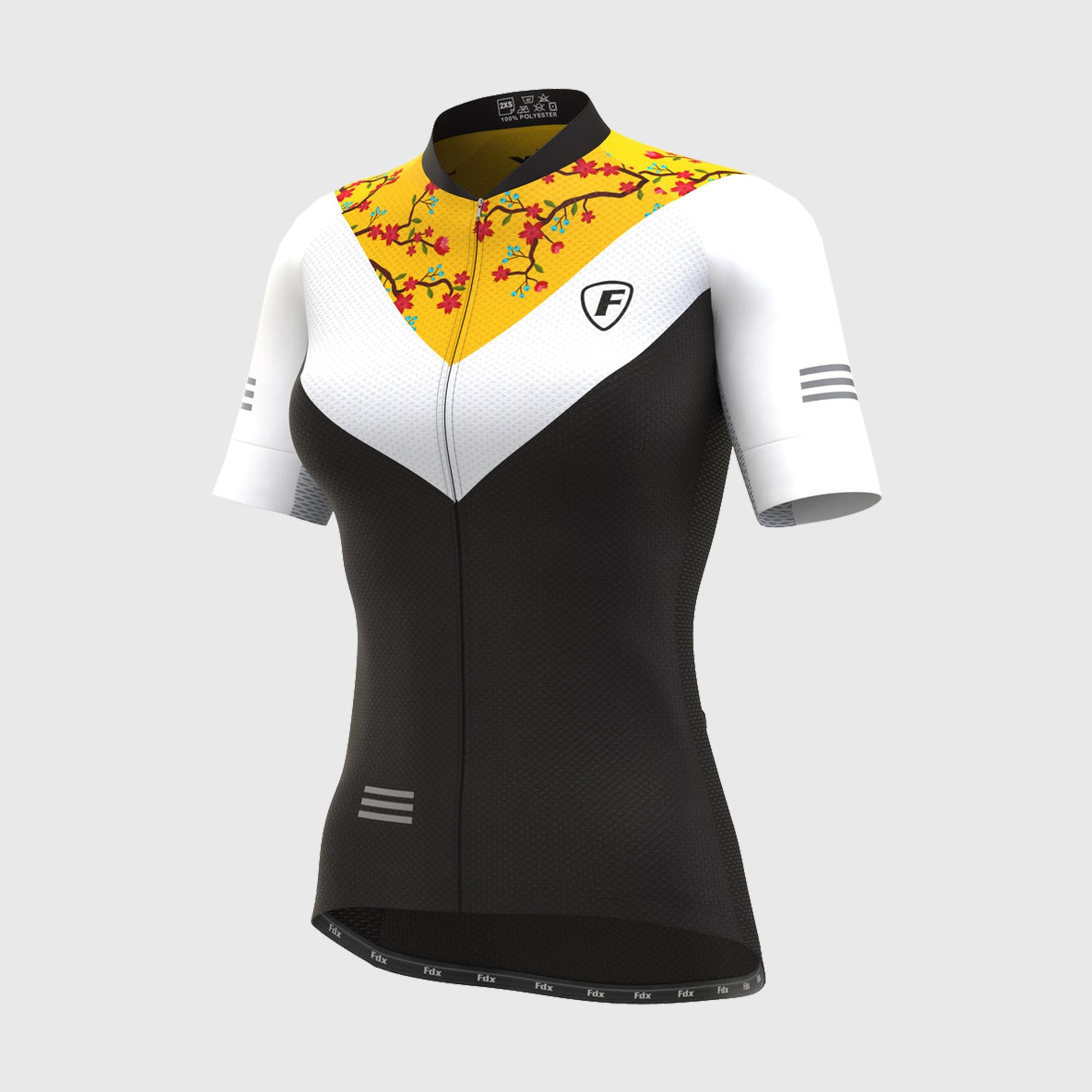 Fdx Women's Yellow, Black & White Short Sleeve Cycling Jersey Breathable Quick Dry Mesh Fleece Full Zip Hi Viz Reflectors & Pockets Summer Cycling Gear UK