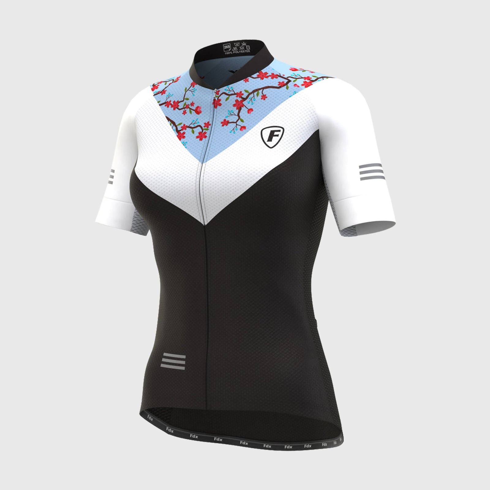 Fdx Women's Blue & White Short Sleeve Cycling Jersey Breathable Quick Dry Mesh Fleece Full Zip Hi Viz Reflectors & Pockets Summer Cycling Gear UK
