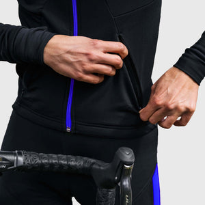Fdx Mens Blue Long Sleeve Cycling Jersey for Winter Roubaix Warm Fleece Road Bike Wear Top Full Zipper, Pockets & Hi-viz Reflectors - Arch