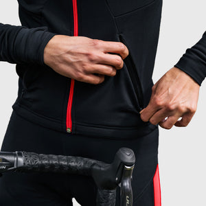 Fdx Mens Red Long Sleeve Cycling Jersey for Winter Roubaix Warm Fleece Road Bike Wear Top Full Zipper, Pockets & Hi-viz Reflectors - Arch