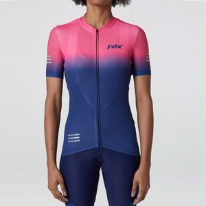 Fdx Women's Blue & Pink Short Sleeve Cycling Jersey Breathable Quick Dry Mesh Fleece Full Zip Hi Viz Reflectors & Pockets Summer Cycling Gear UK