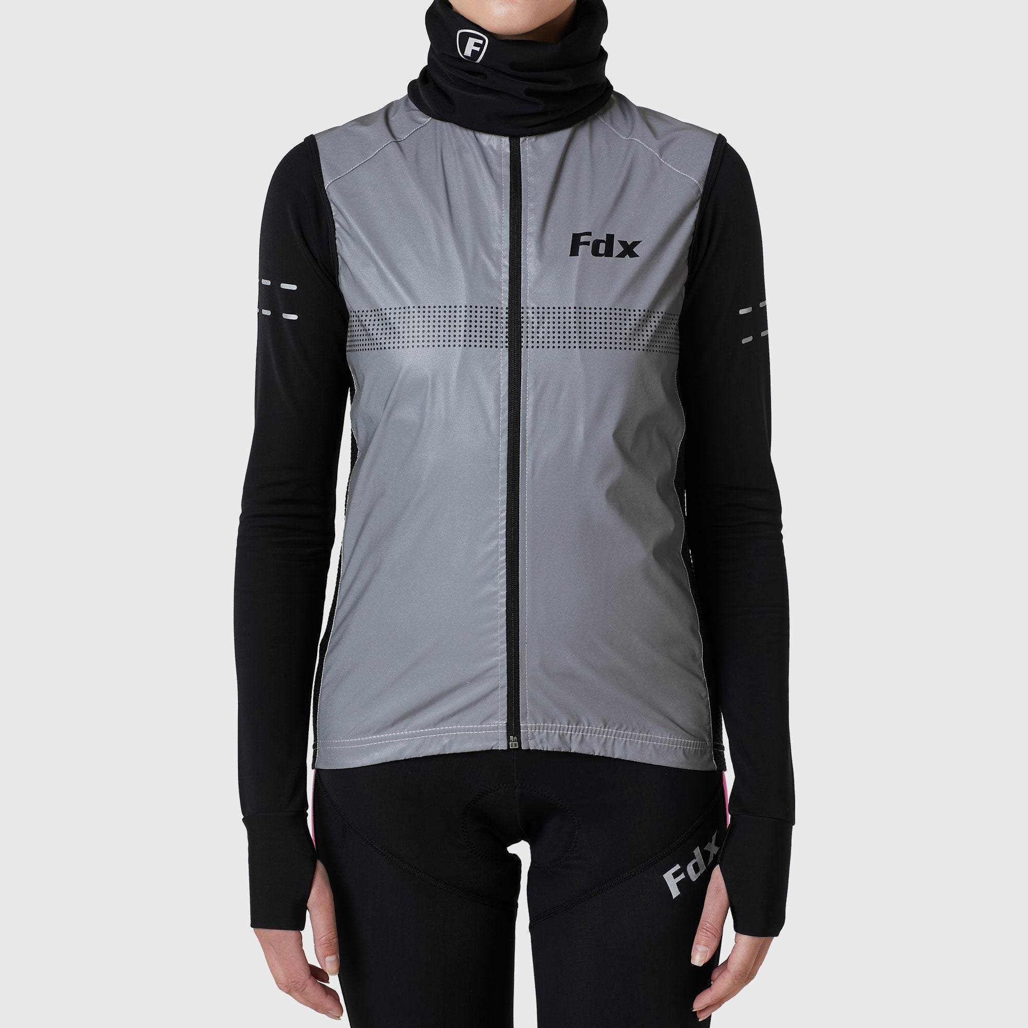 Women’s Grey & Black hi viz cycling gilet windproof breathable quick dry MTB rain vest, lightweight packable 360 reflective rain top for riding