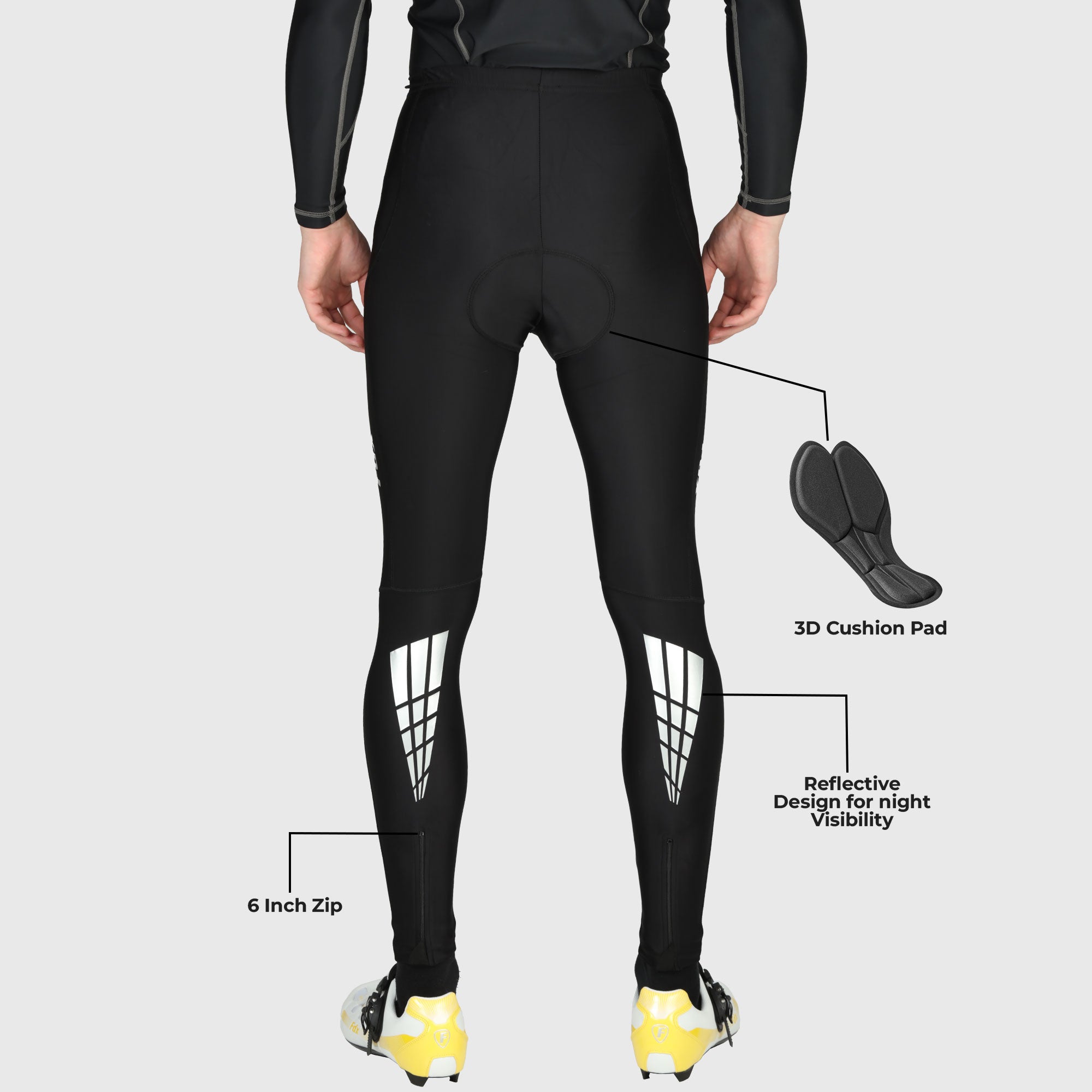 Fdx Mens Black Chamois Gel Padded Cycling Tights For Winter Roubaix Thermal Fleece Reflective Warm Leggings - Heatchaser Bike Long Pants