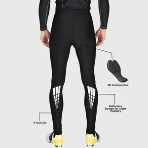 Fdx Mens Black 3D Anti Bacterial Gel Padded Cycling Tights For Winter Roubaix Thermal Fleece Reflective Warm Leggings - Heatchaser Bike Long Pants