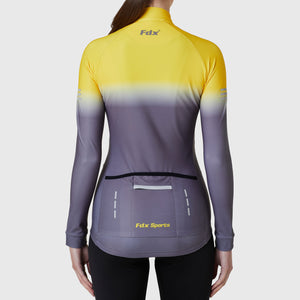 FDX Women’s full sleeves cycling jersey Yellow & Grey warm winter Roubaix biking top, lightweight windproof long sleeves fleece lined cycle shirt for riding