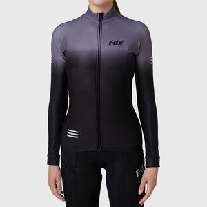 Fdx Womens Black & Grey Long Sleeve Cycling Jersey for Winter Roubaix Thermal Fleece Road Bike Wear Top Full Zipper, Pockets & Hi-viz Reflectors - Duo