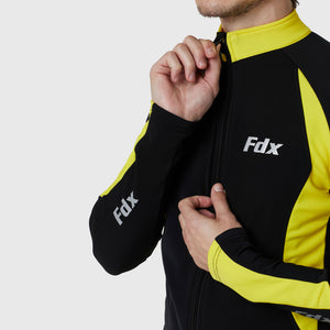 Fdx Mens High Collor Yellow & Black Long Sleeve Cycling Jersey for Winter Roubaix Thermal Fleece Road Bike Wear Top Full Zipper, Pockets & Hi-viz Reflectors - Viper