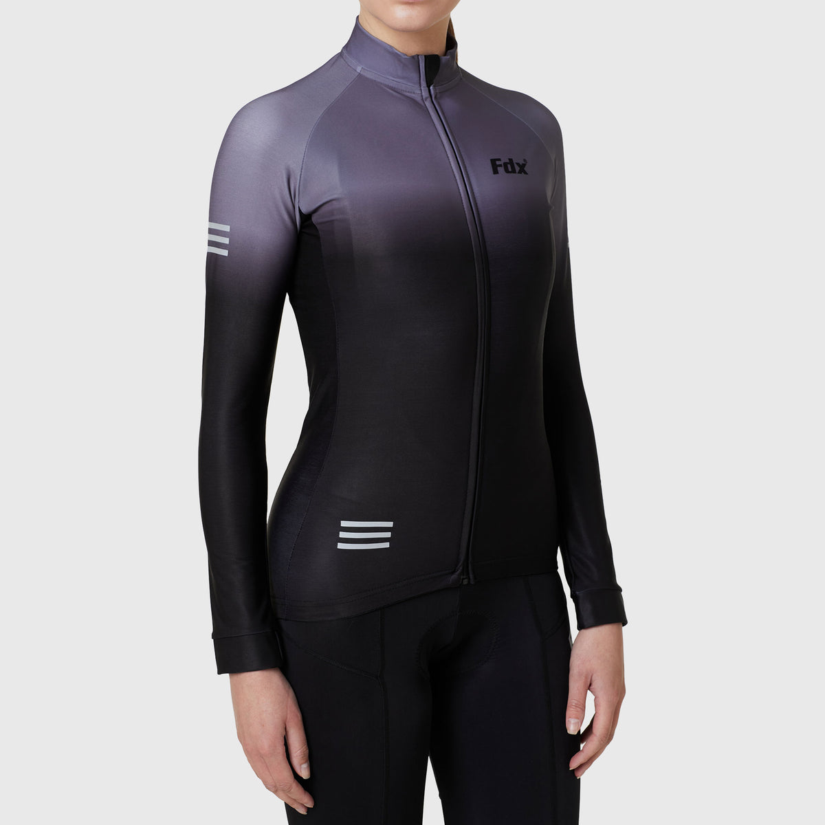 FDX Women’s cycling jersey Black & Grey full sleeves Windproof Thermal fleece Roubaix Winter Cycle Tops, lightweight long sleeves Warm lined shirt Reflective Details for biking