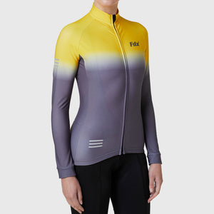Women’s Yellow & Grey full sleeves cycling jersey windproof warm Roubaix winter biking top, lightweight long sleeves thermal fleece shirt for bike riding