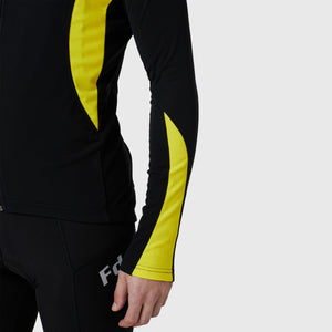Fdx Mens Thermal Black & Yellow Long Sleeve Cycling Jersey for Winter Roubaix Warm Fleece Road Bike Wear Top Full Zipper, Pockets & Hi-viz Reflectors - Viper