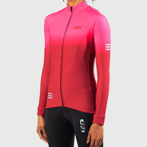 FDX Women’s full sleeves cycling jersey Pink & Maroon warm winter Roubaix biking top, lightweight windproof long sleeves fleece lined cycle shirt for riding