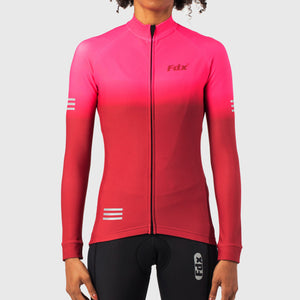 Fdx Womens Pink & Maroon Long Sleeve Cycling Jersey for Winter Roubaix Thermal Fleece Road Bike Wear Top Full Zipper, Pockets & Hi-viz Reflectors - Duo