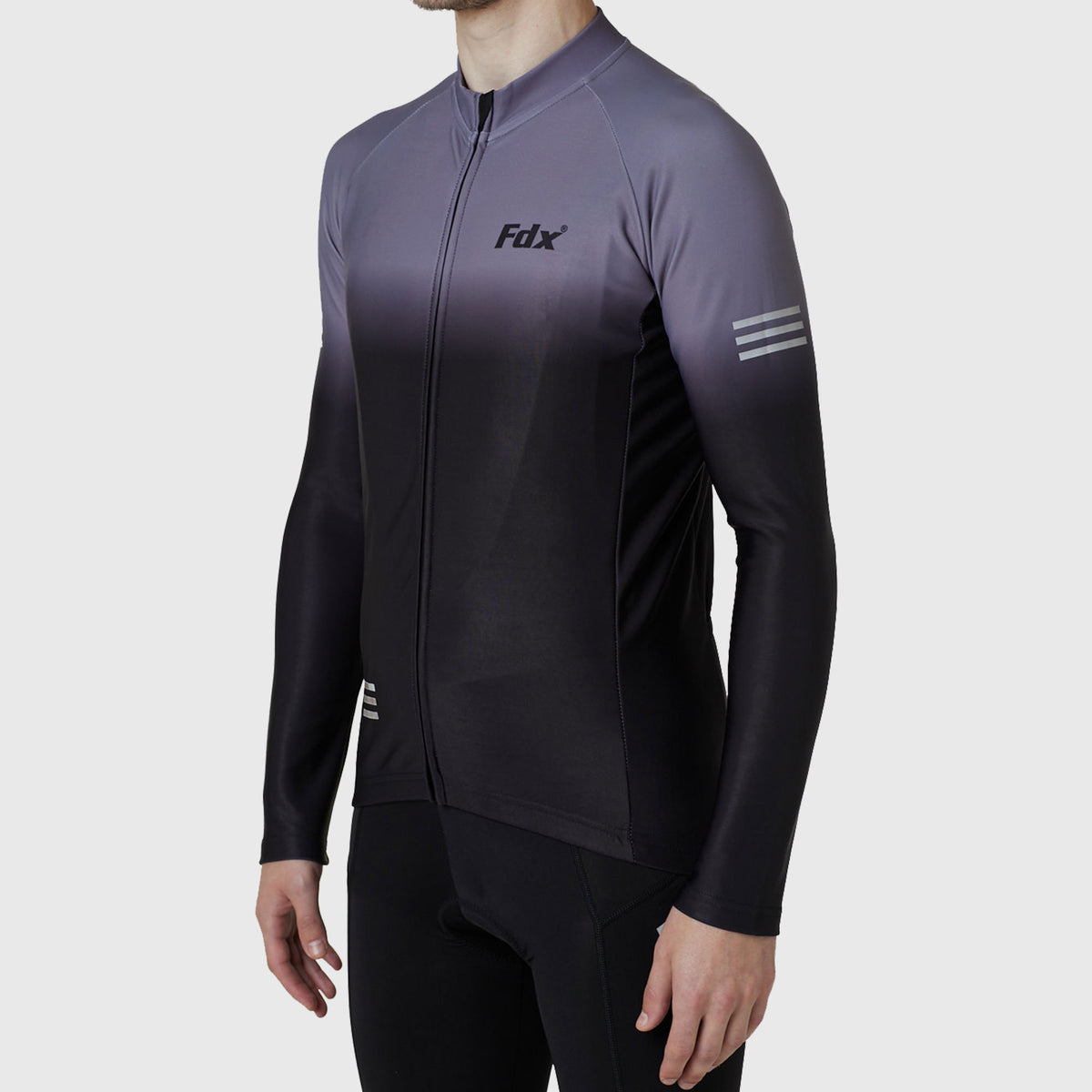 Fdx Mens Black & Grey Long Sleeve Cycling Jersey & Gel Padded Bib Tights Pants for Winter Roubaix Thermal Fleece Road Bike Wear Windproof, Hi-viz Reflectors & Pockets - Duo