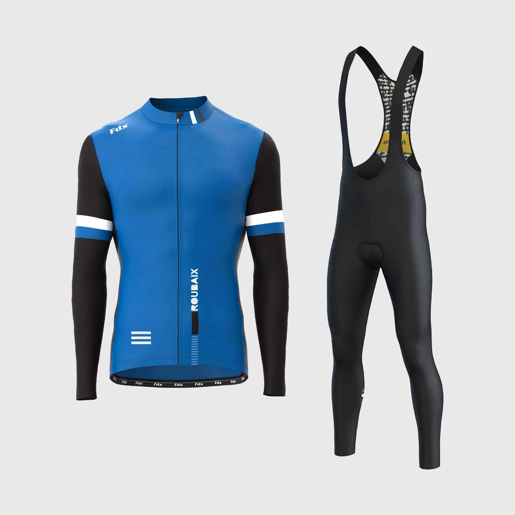 Fdx Men's Black & Blue Long Sleeve Cycling Jersey & Gel Padded Bib Tights Pants for Winter Roubaix Thermal Fleece Road Bike Wear Windproof, Hi-viz Reflectors & Pockets - Limited Edition