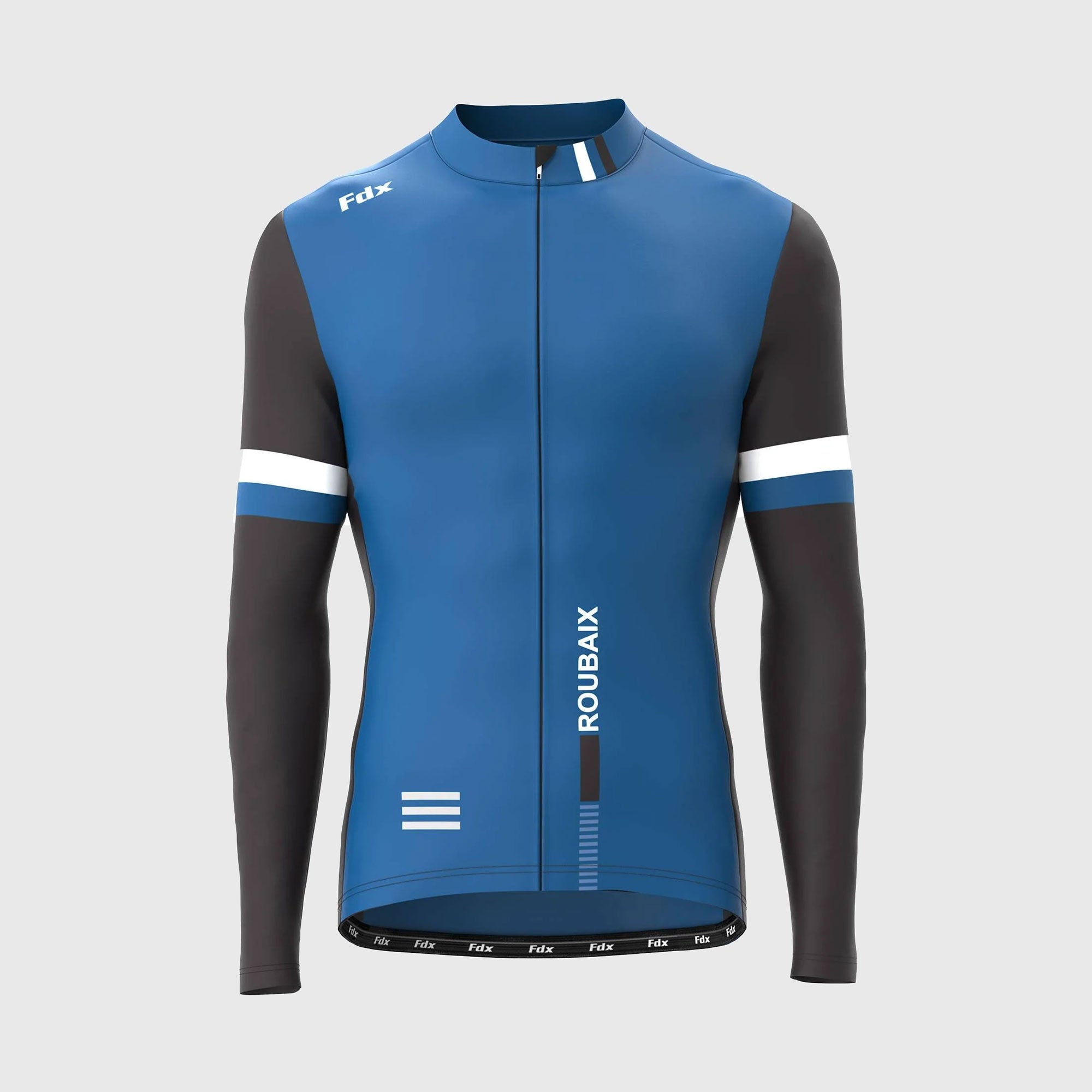 Fdx Mens Blue Long Sleeve Cycling Jersey for Winter Roubaix Thermal Fleece Road Bike Wear Top Full Zipper, Pockets & Hi-viz Reflectors - Limited Edition