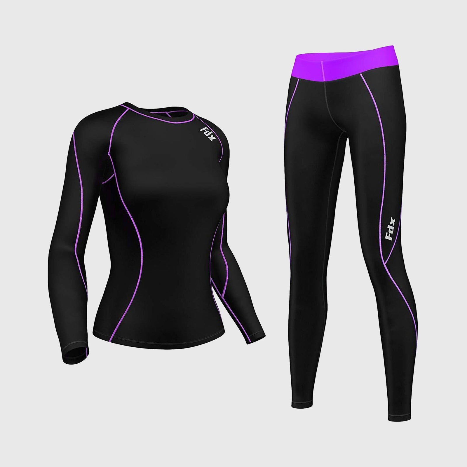 Fdx Women's Black & Purple Long Sleeve Compression Top & Compression Tights Base Layer Gym Training Jogging Yoga Fitness Body Wear - Monarch