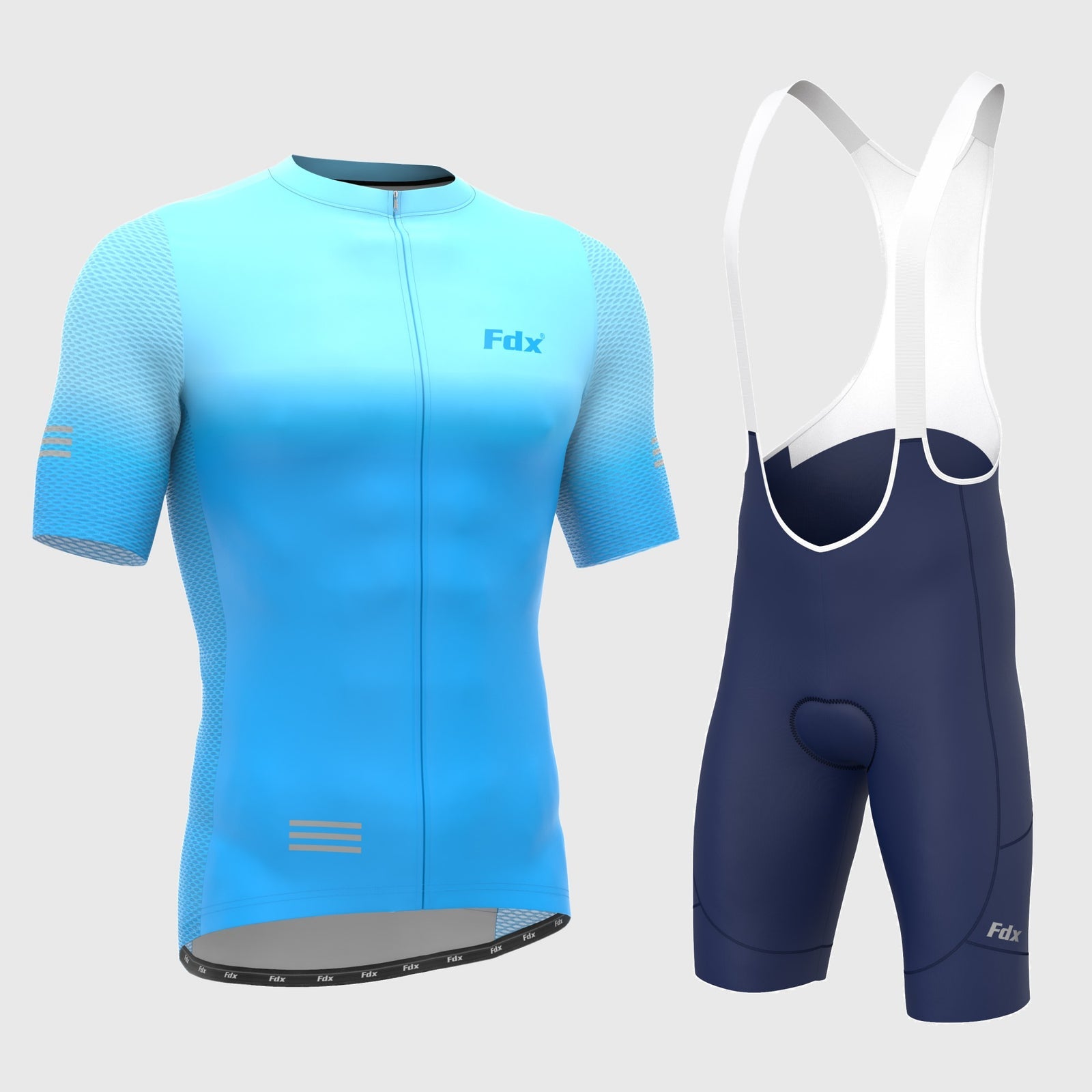 Fdx Mens Blue Short Sleeve Cycling Jersey & Gel Padded Bib Shorts Best Summer Road Bike Wear Light Weight, Hi-viz Reflectors & Pockets - Duo