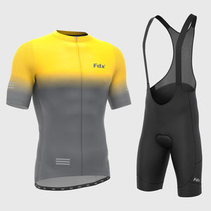 Fdx Mens Yellow & Grey Short Sleeve Cycling Jersey & Gel Padded Bib Shorts Best Summer Road Bike Wear Light Weight, Hi-viz Reflectors & Pockets - Duo