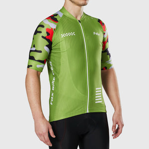 Fdx Short Sleeve Cycling Jersey for Mens Green Summer Best Road Bike Wear Top Light Weight, Full Zipper, Pockets & Hi-viz Reflectors - Camouflage