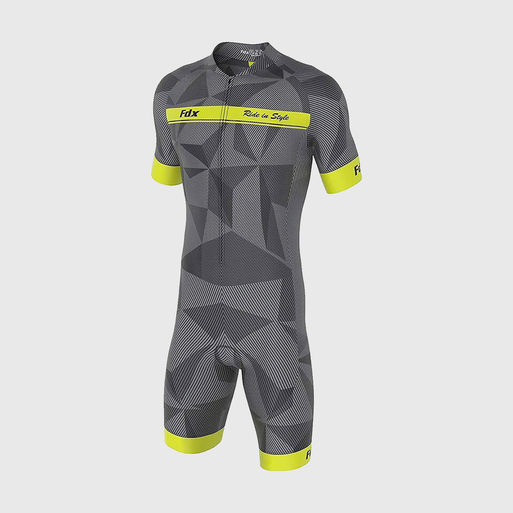 Fdx Mens Yellow Short Sleeve Gel Padded Triathlon / Skin Suit for Summer Cycling Wear, Running & Swimming Half Zip - Splinter