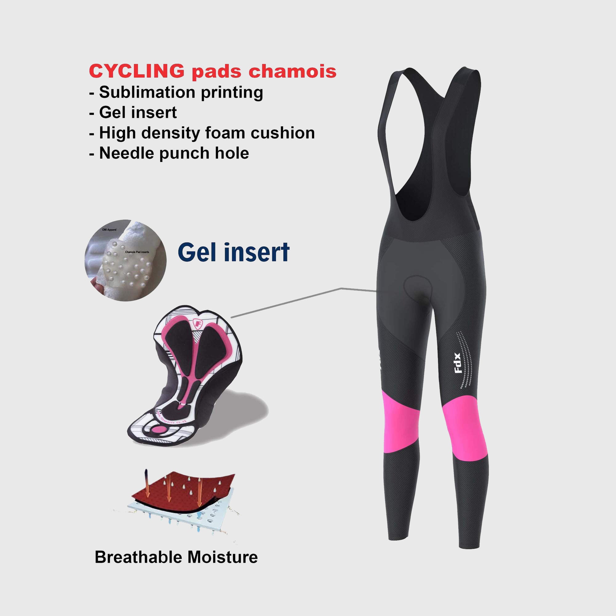 Fdx Womens Black & Pink Gel Padded Cycling Bib Tights For Winter Roubaix Thermal Fleece Reflective Warm Leggings - Thermodream Bike Pants