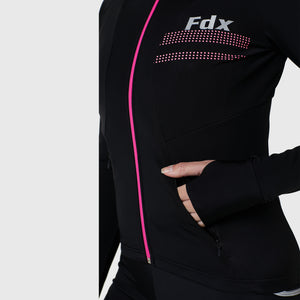 FDX Women's Winter Cycling Black & Pink Suit, Windproof Thermal Super Roubaix fleece Clothing, Lightweight Set, Long Sleeve Jersey with 3D Padded Bib Tights