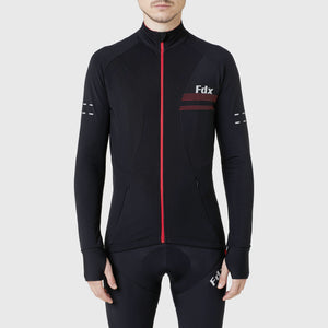 Fdx Men's Black & Red Long Sleeve Cycling Jersey & Gel Padded Bib Tights Pants for Winter Roubaix Thermal Fleece Road Bike Wear Windproof, Hi-viz Reflectors & Pockets - Arch