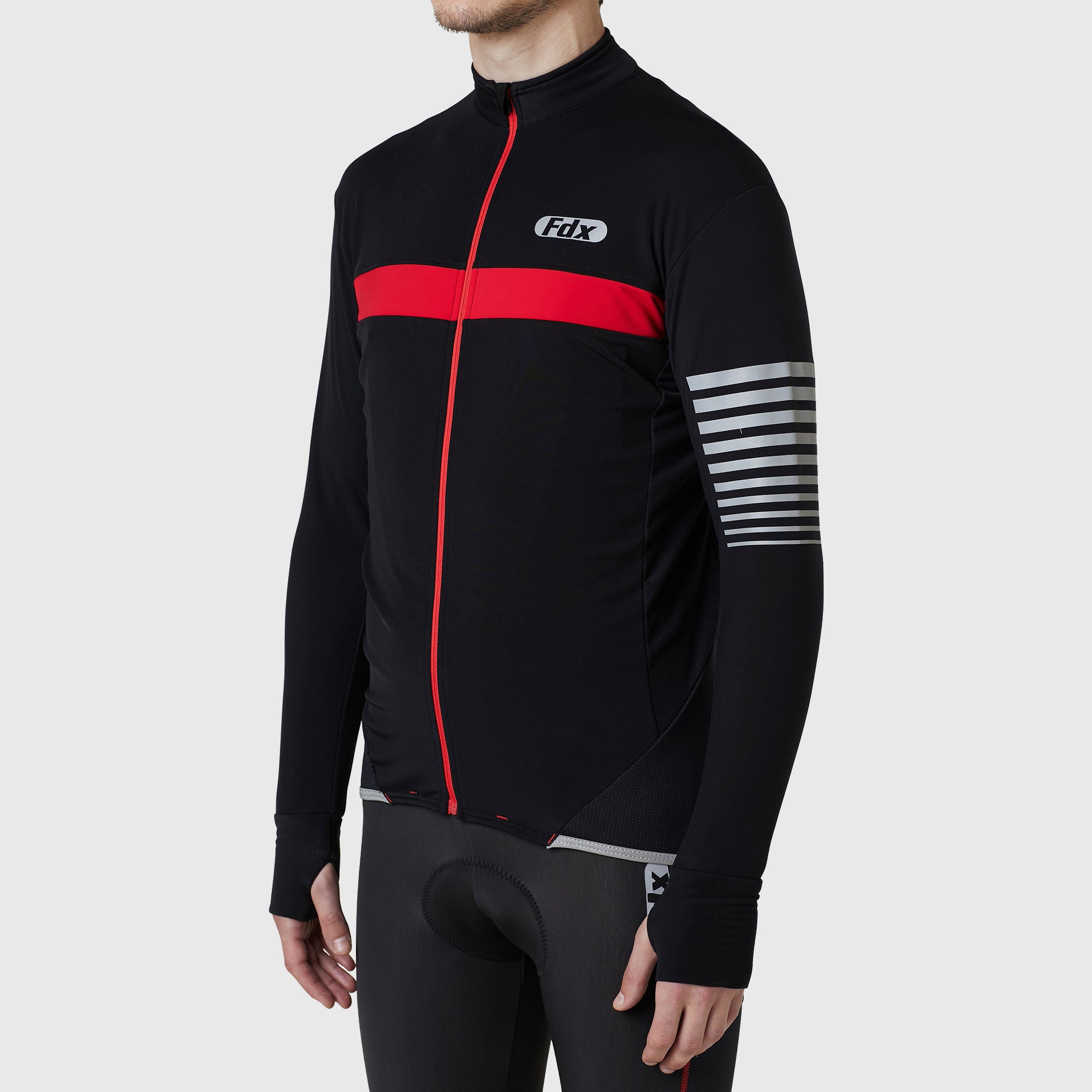 Fdx Mens Red Long Sleeve Cycling Jersey for Winter Roubaix Thermal Fleece Road Bike Wear Top Full Zipper, Pockets & Hi-viz Reflectors - All Day
