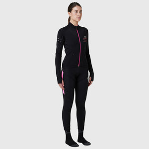 Fdx Women's Black & Pink Long Sleeve Cycling Jersey & Gel Padded Bib Tights Pants for Winter Roubaix Thermal Fleece Cycling Wear Windproof, Reflective details & Pockets - UK