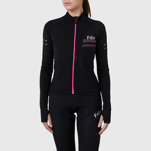 Fdx Best Women's Black & Pink Thermal Long Sleeve Cycling Jersey Winter Bib Tights Water Resistant Windproof Socks Hi Viz Reflectors Cycling Gear UK