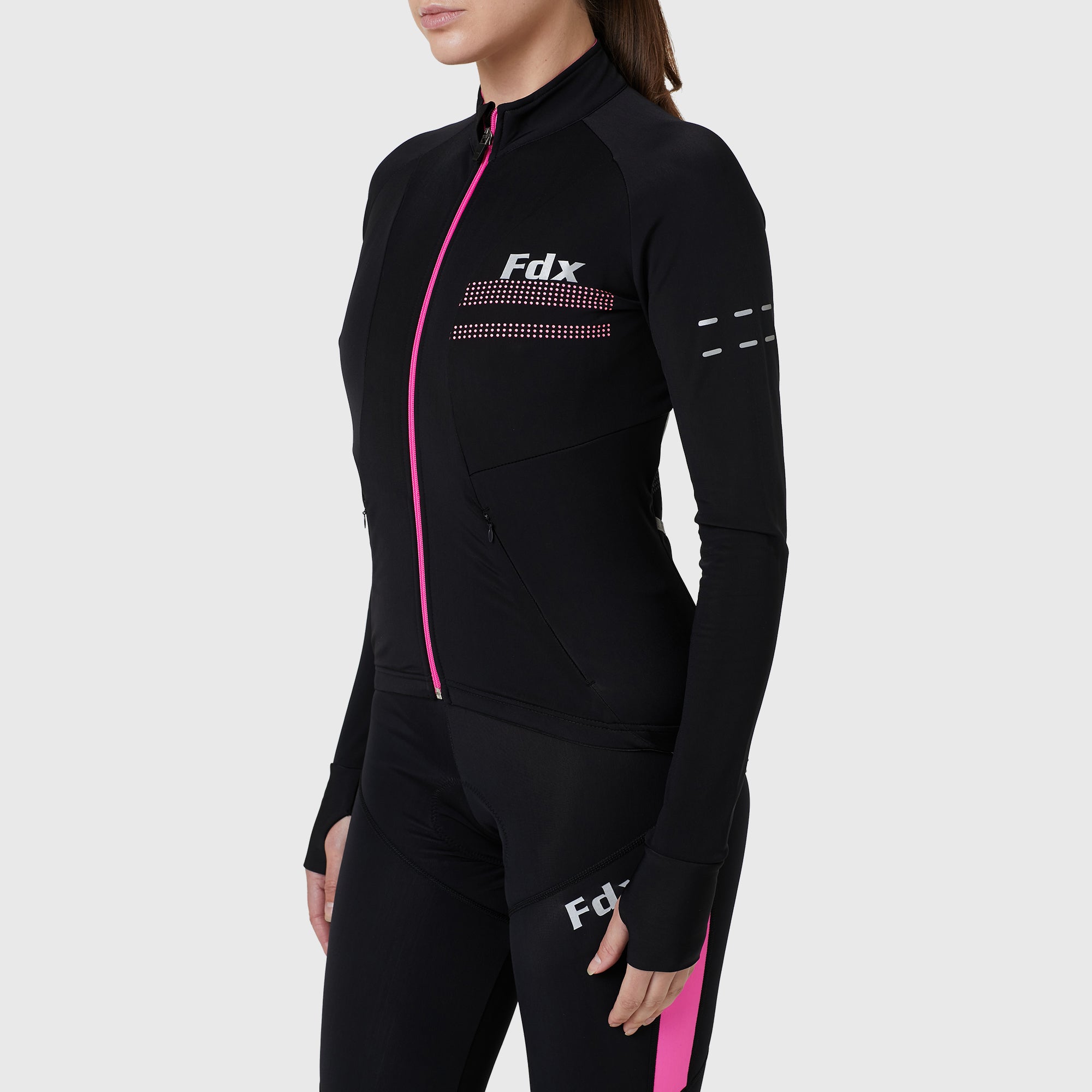 Fdx Women's Black & Pink Long Sleeve Cycling Jersey & Gel Padded Bib Tights Pants for Winter Roubaix Thermal Fleece Road Bike Wear Windproof, Hi-viz Reflectors & Pockets - Arch