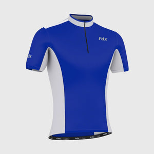 Fdx Mens Blue & White Short Sleeve Cycling Jersey for Summer Best Road Bike Wear Top Light Weight, Full Zipper, Pockets & Hi-viz Reflectors - Vertex