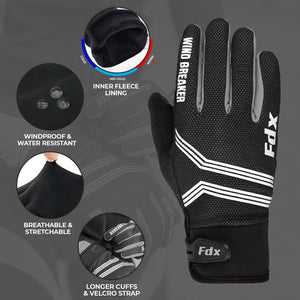 FDX Unisex White & Black Full Finger Winter Cycling Gloves - warm windproof anti-slip MTB padded unisex gloves, waterproof touch compatible women racing mitts