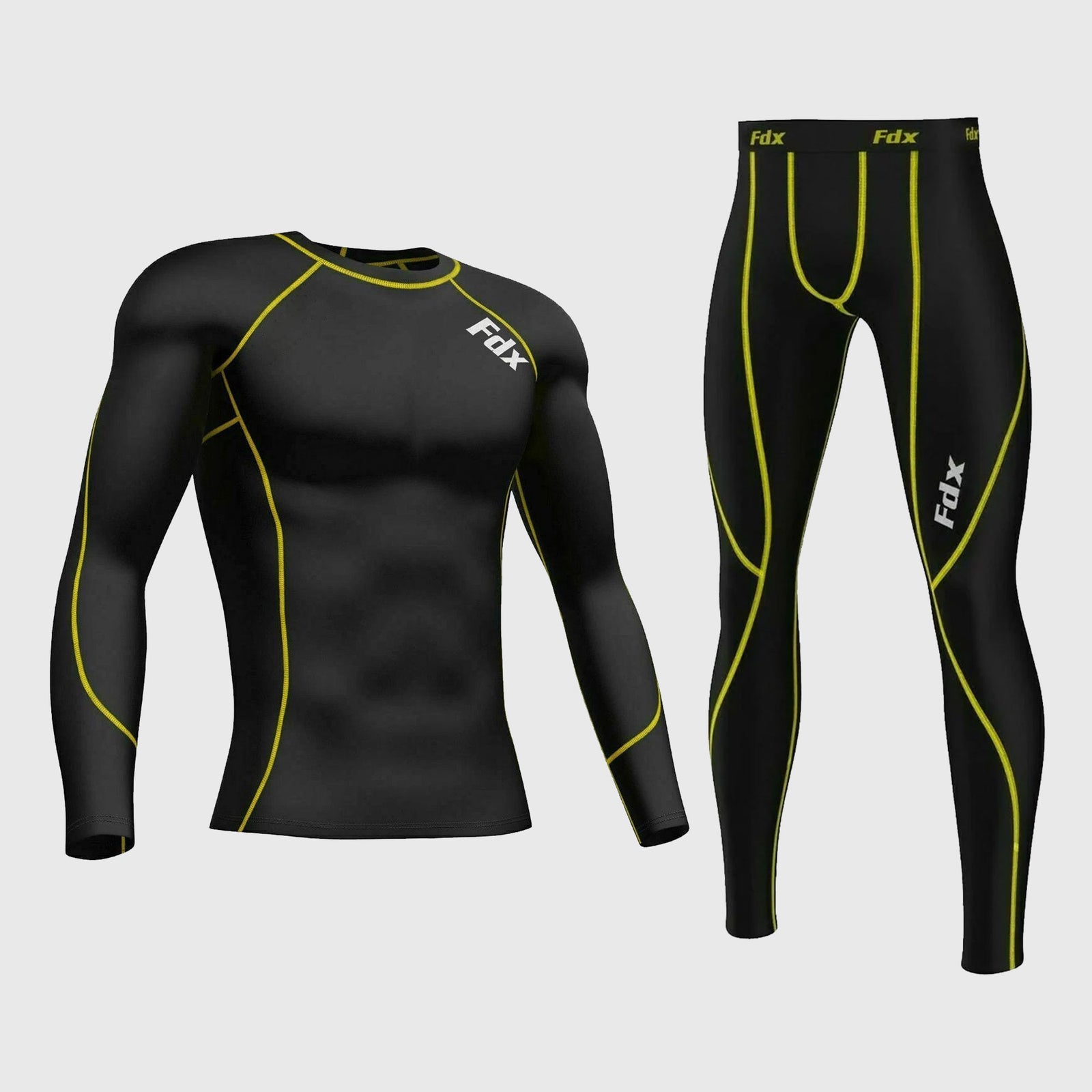Fdx Mens Black & Yellow Long Sleeve Compression Top & Compression Tights Base Layer Gym Training Jogging Yoga Fitness Body Wear - Thermolinx