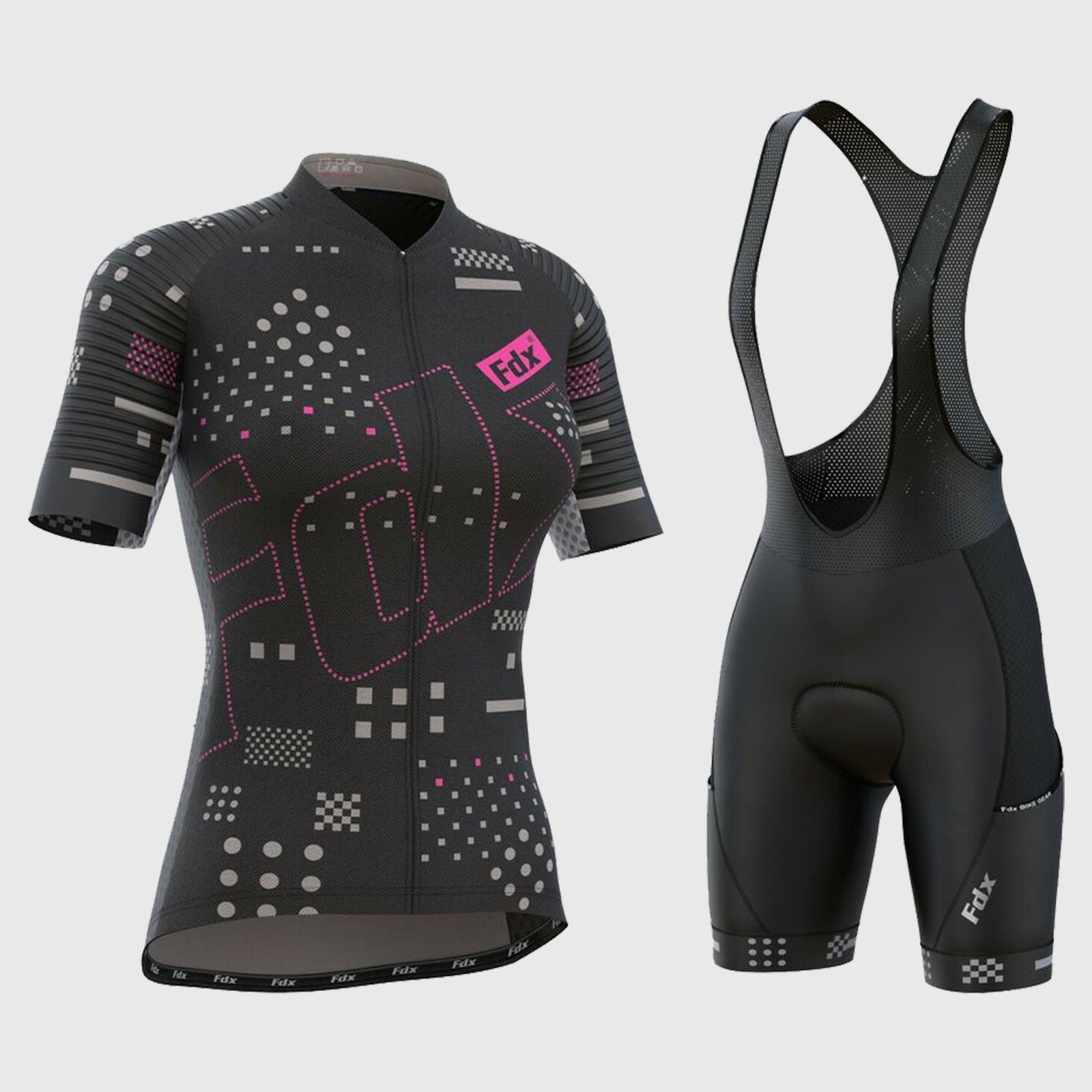 Fdx Womens Black Short Sleeve Cycling Jersey & Gel Padded Bib Shorts Best Summer Road Bike Wear Light Weight, Hi-viz Reflectors & Pockets - All Day