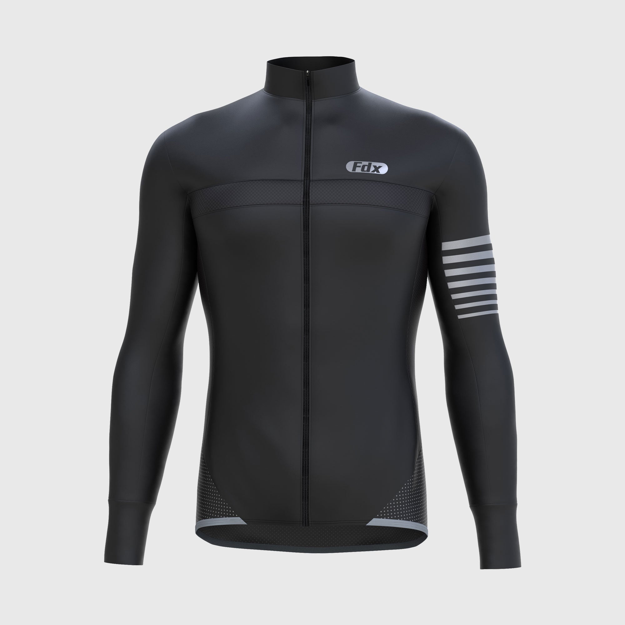 Fdx Mens Black Long Sleeve Cycling Jersey for Winter Roubaix Thermal Fleece Road Bike Wear Top Full Zipper, Pockets & Hi-viz Reflectors - All Day