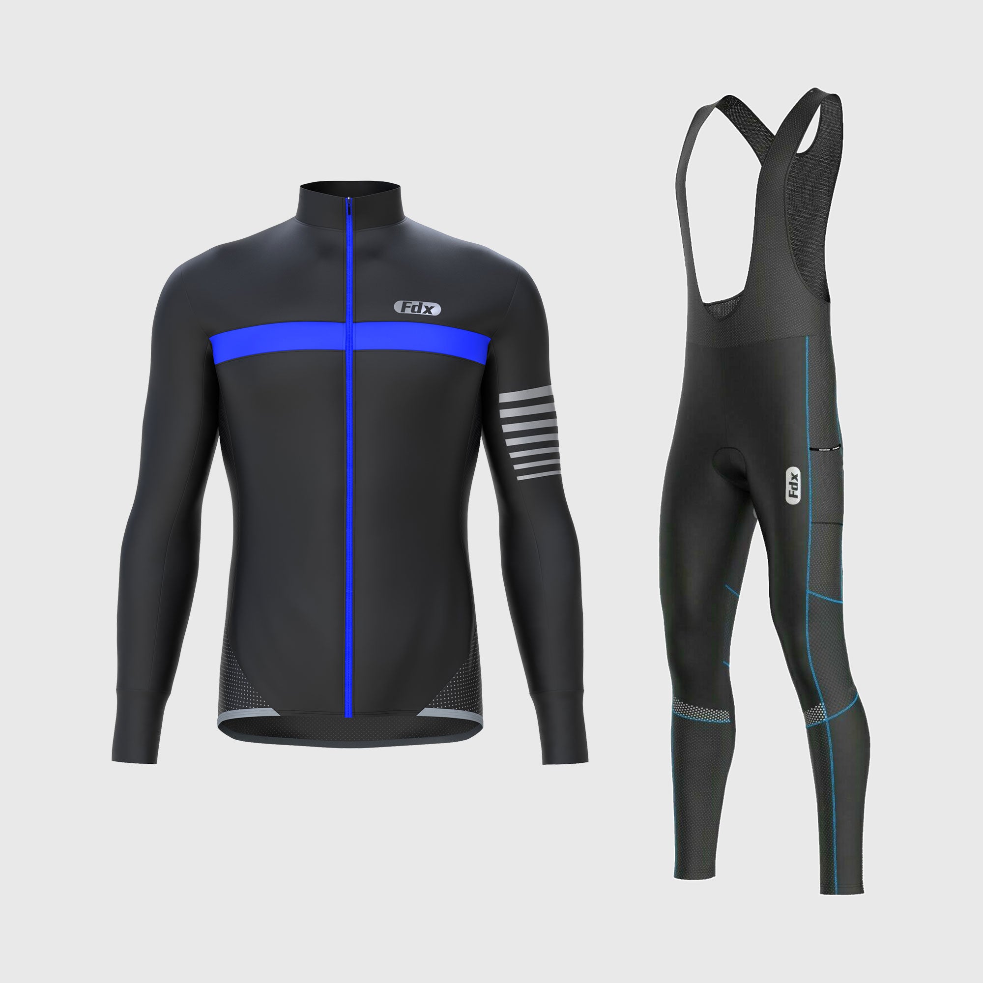 Fdx Mens Black & Blue Long Sleeve Cycling Jersey & Gel Padded Bib Tights Pants for Winter Roubaix Thermal Fleece Road Bike Wear Windproof, Hi-viz Reflectors & Pockets - All Day